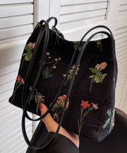 New Black Embroidered Large Capacity Canvas Shoulder Bag