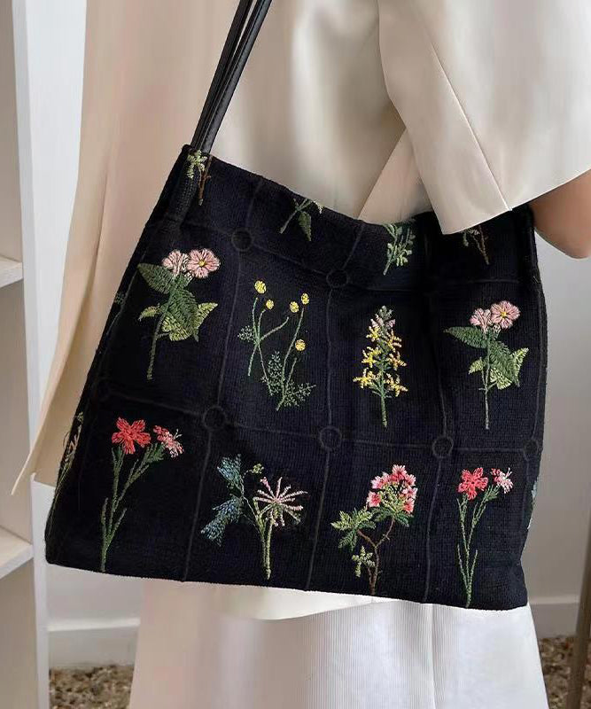 New Black Embroidered Large Capacity Canvas Shoulder Bag