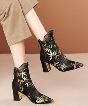 New Black Embroidered Silk Splicing Cowhide Leather Chunky Boots