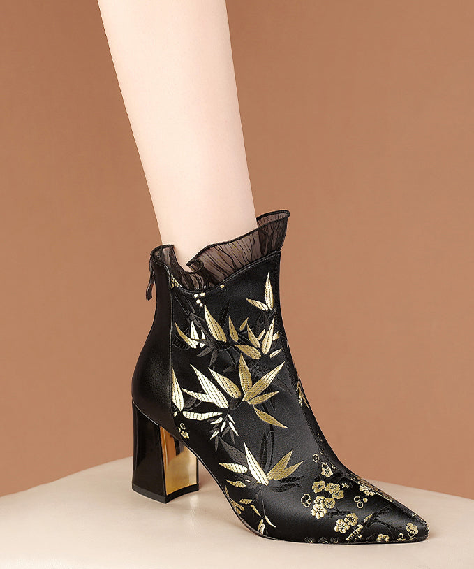 New Black Embroidered Silk Splicing Cowhide Leather Chunky Boots