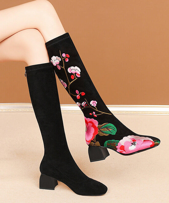 New Black Embroidered Suede Chunky Knee Boots
