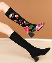 New Black Embroidered Suede Chunky Knee Boots