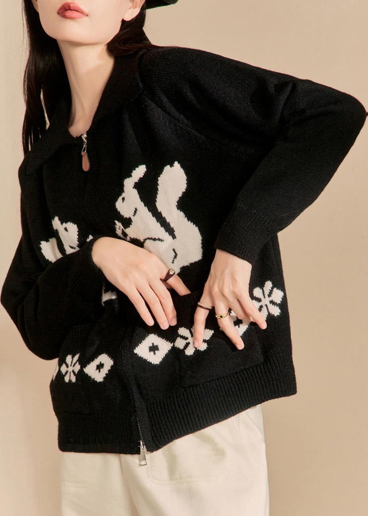 New Black Embroidered Zip Up Pockets Knit Coats Winter