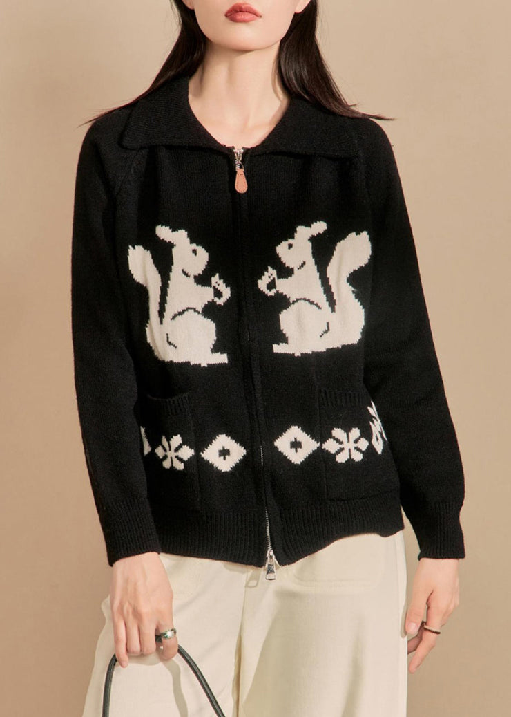 New Black Embroidered Zip Up Pockets Knit Coats Winter