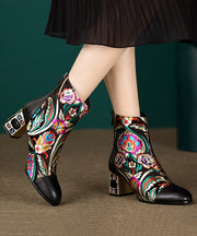 New Black Embroidered Zircon Cowhide Leather Chunky Boots