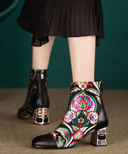 New Black Embroidered Zircon Cowhide Leather Chunky Boots