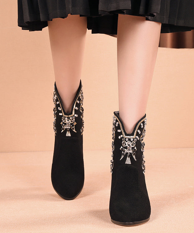 New Black Embroidered Zircon Splicing Suede Chunky Boots