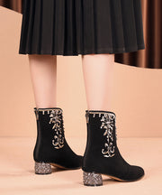 New Black Embroidered Zircon Splicing Suede Chunky Boots