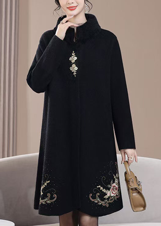 New Black Embroidered Zircon Wool Coats Spring