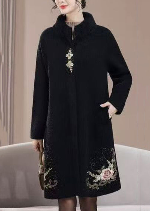 New Black Embroidered Zircon Wool Coats Spring