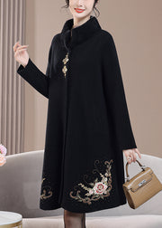 New Black Embroidered Zircon Wool Coats Spring