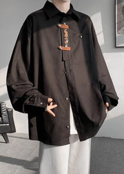 New Black Embroideried Button Cotton Men Shirts Spring