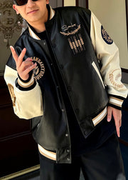 New Black Embroideried Button Patchwork Faux Leather Men Parkas Spring