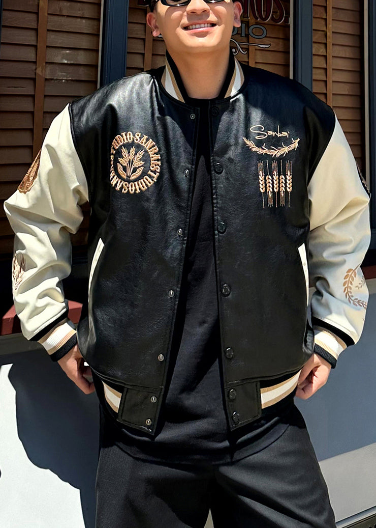 New Black Embroideried Button Patchwork Faux Leather Men Parkas Spring