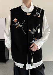 New Black Embroideried Button Silk Velour Mens Waistcoat Fall