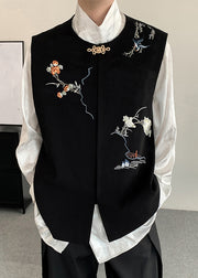 New Black Embroideried Button Silk Velour Mens Waistcoat Fall