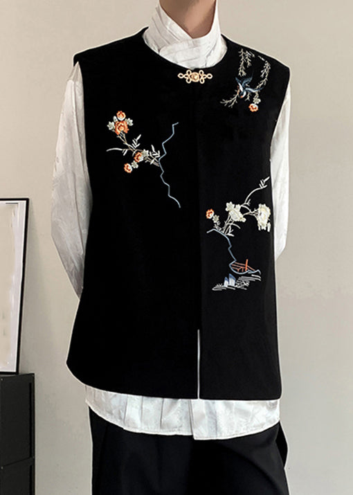 New Black Embroideried Button Silk Velour Mens Waistcoat Fall