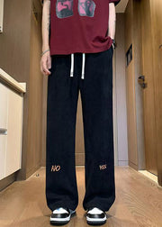 New Black Embroideried Elastic Waist Corduroy Men Wide Leg Pants Fall