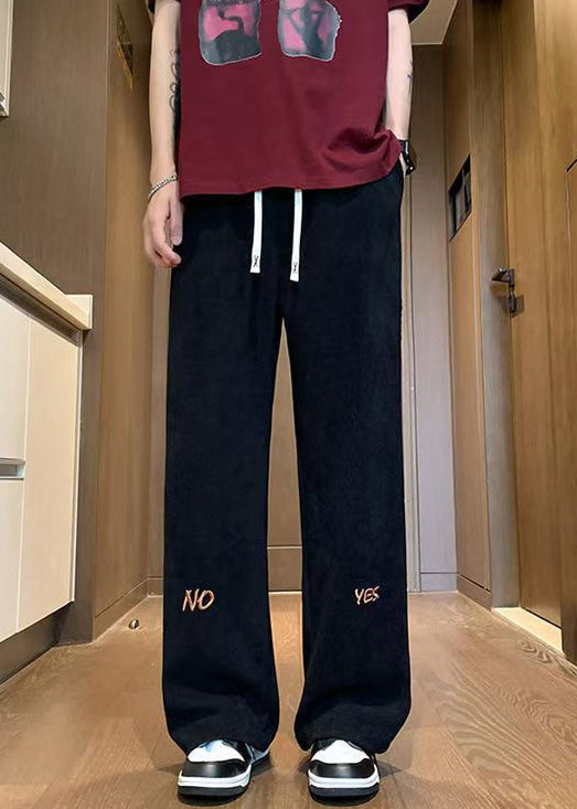 New Black Embroideried Elastic Waist Corduroy Men Wide Leg Pants Fall