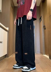 New Black Embroideried Elastic Waist Corduroy Men Wide Leg Pants Spring