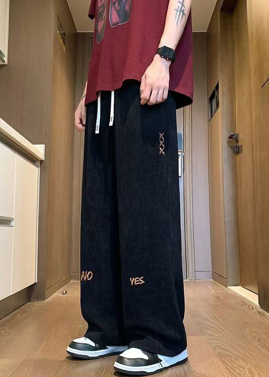 New Black Embroideried Elastic Waist Corduroy Men Wide Leg Pants Fall