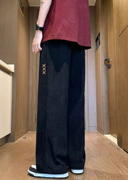 New Black Embroideried Elastic Waist Corduroy Men Wide Leg Pants Fall