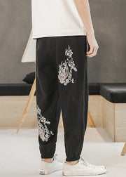 New Black Embroideried Elastic Waist Cotton Men Beam Pants Summer