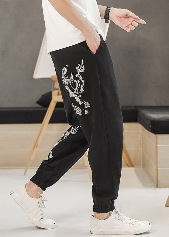 New Black Embroideried Elastic Waist Cotton Men Beam Pants Summer