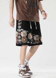 New Black Embroideried Elastic Waist Cotton Men Shorts Long Summer