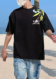 New Black Embroideried Solid Cotton Men T Shirt Summer
