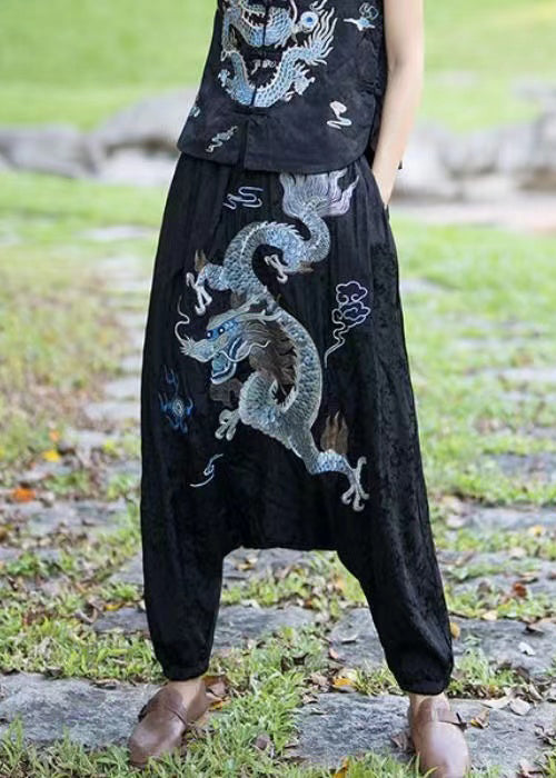 New Black Ethnic Style Embroidered Big Crotch Lantern Pants Spring