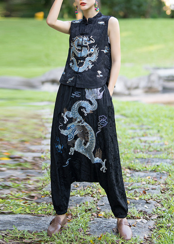 New Black Ethnic Style Embroidered Big Crotch Lantern Pants Spring