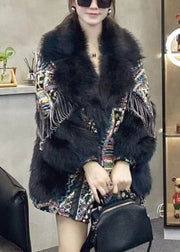 New Black Fur Collar Tasseled Patchwork Fuzzy Fur Coats Winter