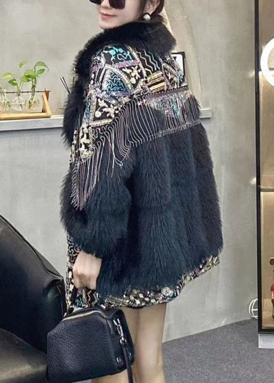 New Black Fur Collar Tasseled Patchwork Fuzzy Fur Coats Winter