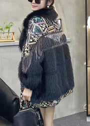 New Black Fur Collar Tasseled Patchwork Fuzzy Fur Coats Winter