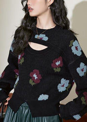 New Black Hollow Out Front Open Knit Sweater Spring