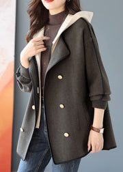 New Black Hooded Patchwork False Two Pieces Woolen Coats Fall