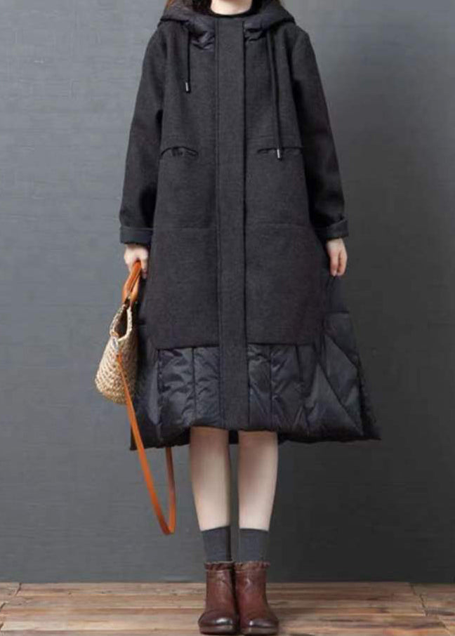 New Black Hooded Pockets Patchwork Thick Woolen Long Coat Winter