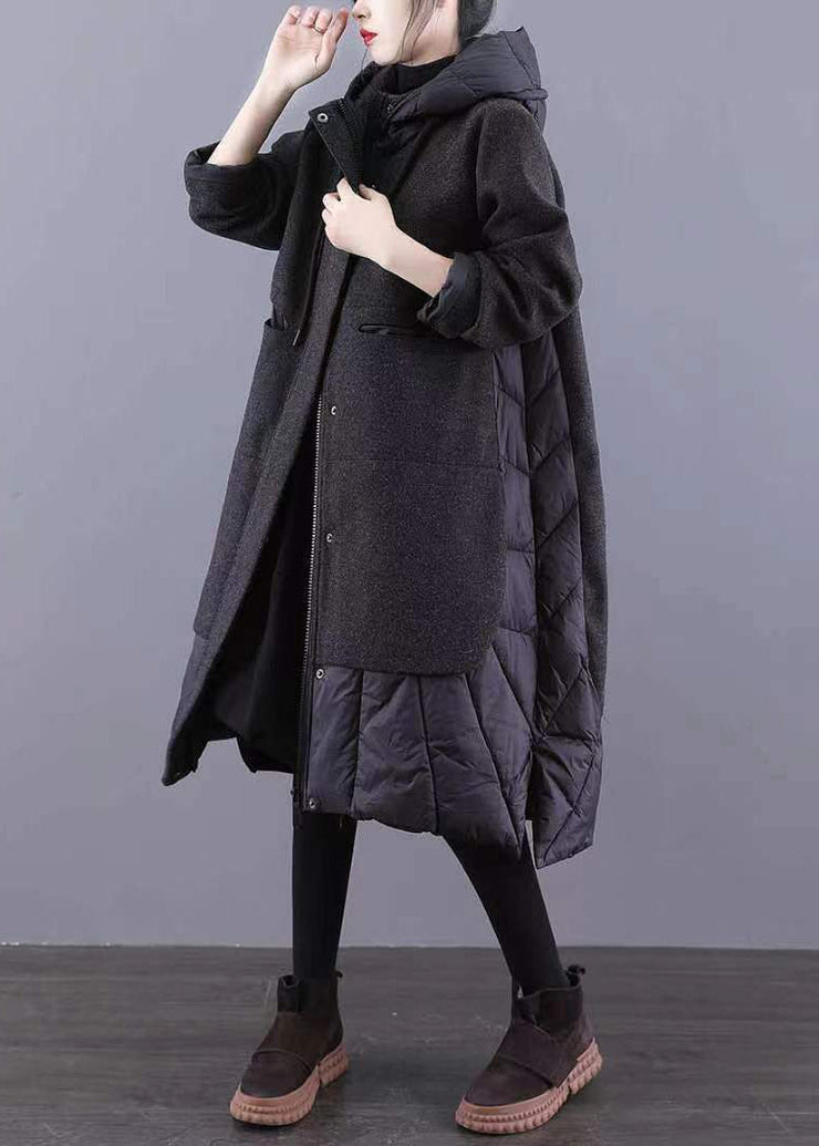 New Black Hooded Pockets Patchwork Thick Woolen Long Coat Winter