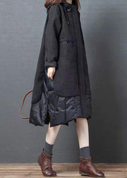 New Black Hooded Pockets Patchwork Thick Woolen Long Coat Winter