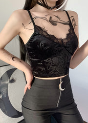 New Black Lace Backless Silk Velour Beach Spaghetti Strap Vest Sleeveless