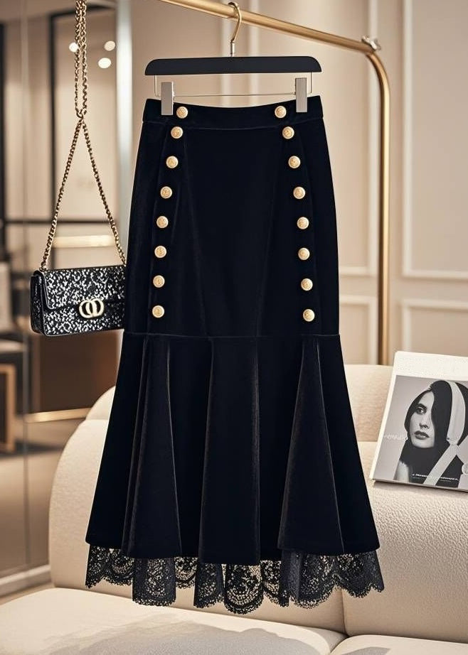 New Black Lace Elastic Waist Silk Velvet Skirts Spring