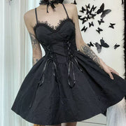 New Black Lace High Waist Patchwork Cotton Mid Dress Sleeveless