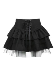 New Black Lace Up High Waist Cotton Pleated Skirt Summer