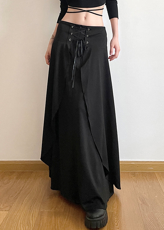 New Black Lace Up Solid High Waist Cotton Skirts Summer