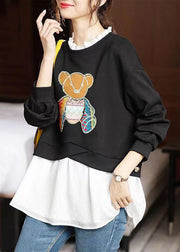 New Black Little Bear Ruffled Patchwork Cotton Top Fall