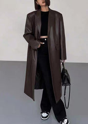 New Black Notched Button Faux Leather Long Coats Winter