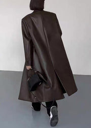 New Black Notched Button Faux Leather Long Coats Winter