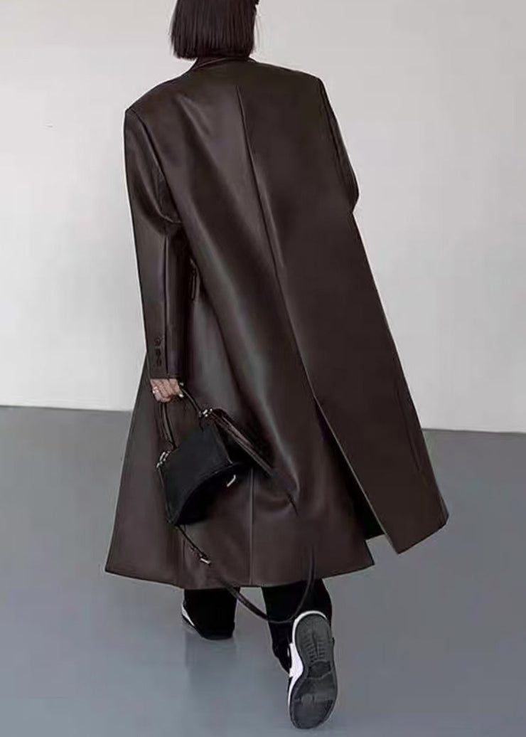 New Black Notched Button Faux Leather Long Coats Winter