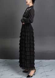 New Black Notched Ruffled Spandex Long Dresses Fall